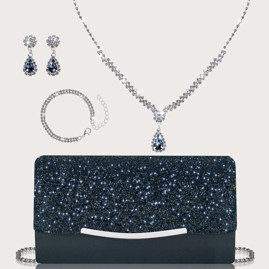 Elegant MC THE BLACK DIAMOND sequined women's evening hand bag with rhinestone jewelry set featuring necklace, earrings, and bracelet.