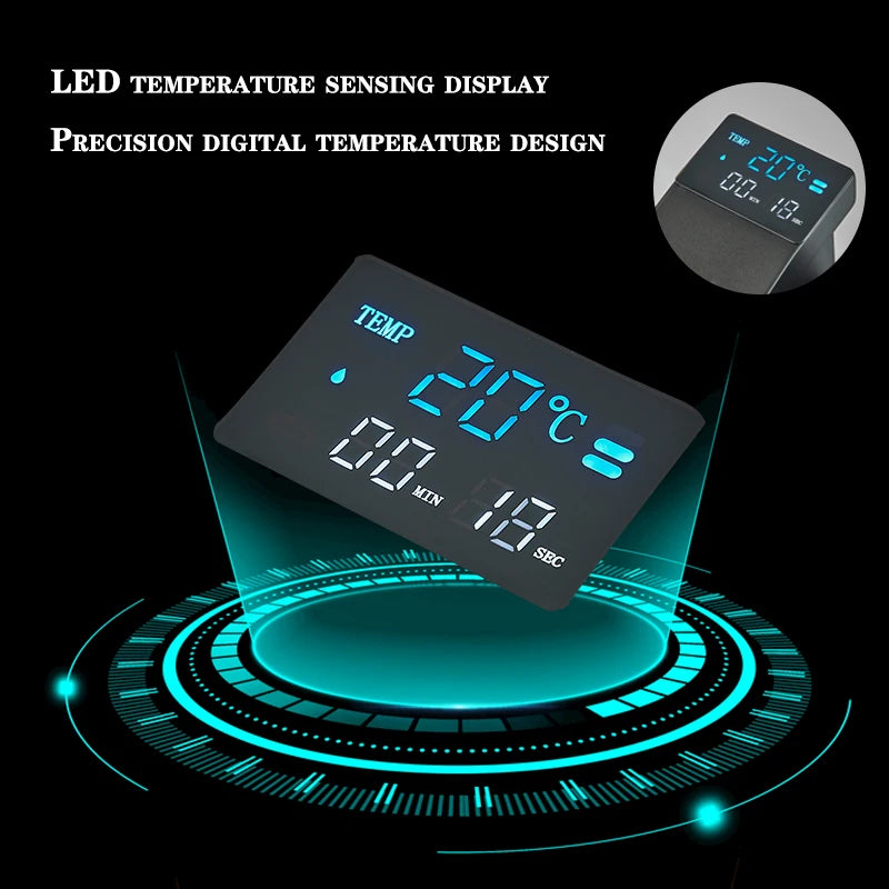 Modern digital display bathroom sink faucet with LED temperature indicator, waterfall spout, hot and cold water controls.