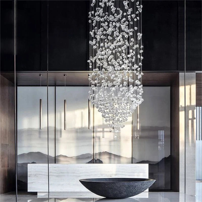 Black Art Luxury Stone Crystal Chandelier by MC THE BLACK DIAMOND, modern LED hanging light fixture with crystal accents for staircase or hallway.