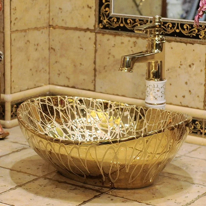 European gold-plated ceramic vessel sink, small oval countertop washbasin by 𝕄𝕔 𝕋𝕙𝕖 𝔹𝕝𝕒𝕔𝕜 𝔻𝕚𝕒�