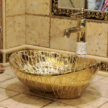 European gold-plated ceramic vessel sink, small oval countertop washbasin by 𝕄𝕔 𝕋𝕙𝕖 𝔹𝕝𝕒𝕔𝕜 𝔻𝕚𝕒�