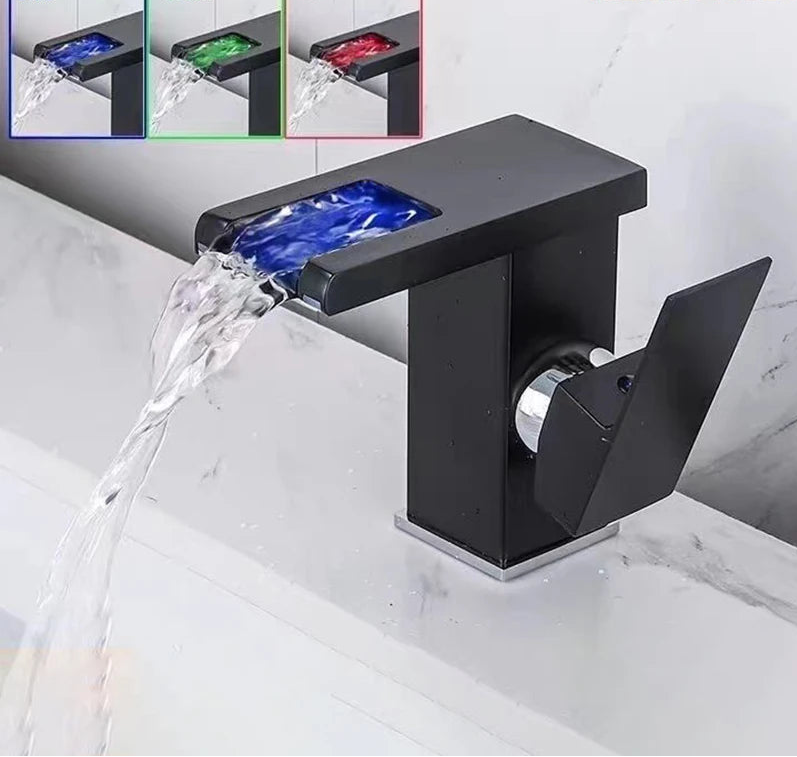 Luxury MC THE BLACK DIAMOND LED black basin faucet with single handle, hot and cold water flow, tall and short options for bathroom.