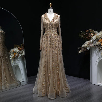 MC THE BLACK DIAMOND MC Long Sleeve Formal Evening Dress with V-neck, beaded embellishments, A-line silhouette, elegant prom gown.