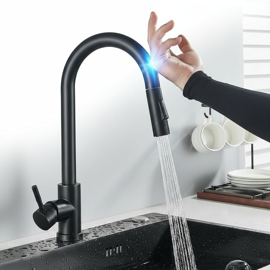 Black kitchen sink faucet with pull-out sensor and touch control, MC THE BLACK DIAMOND kitchen mixer tap with modern design