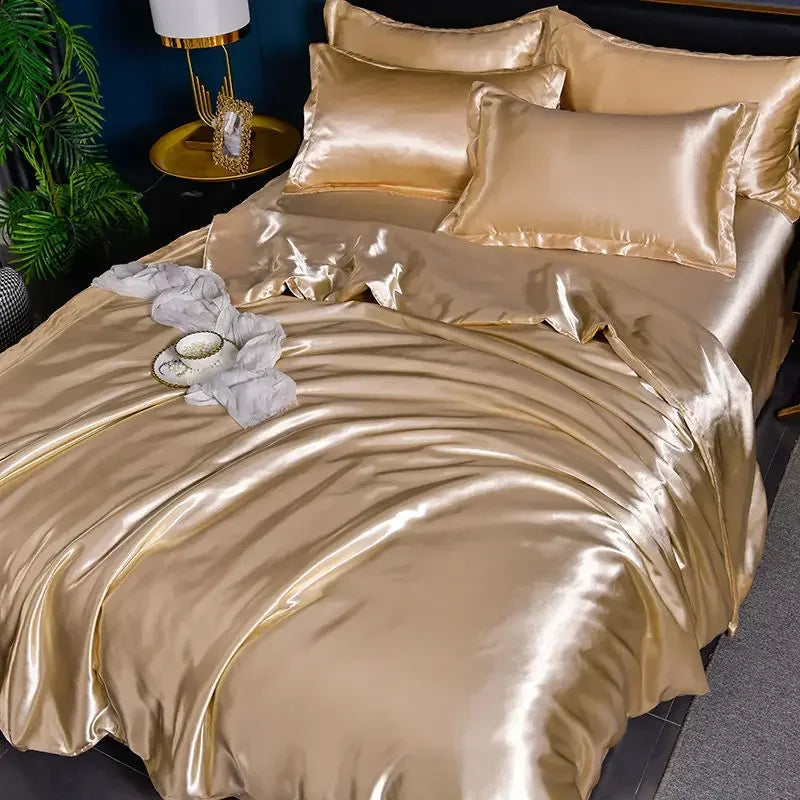 Luxury Nordic satin silk bedding set including duvet cover, bedsheet, and pillowcases by MC THE BLACK DIAMOND, in elegant solid design