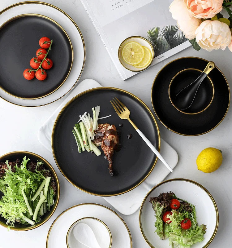 Black and white matte porcelain dinner plate for kitchen use by MC THE BLACK DIAMOND, showcasing a sleek, modern design.