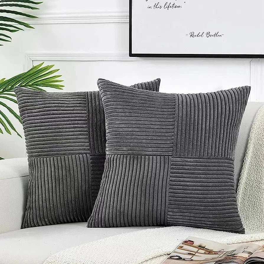 Mustard yellow corduroy pillow cover with boho spliced patchwork, soft textured cushion case for sofa decor.