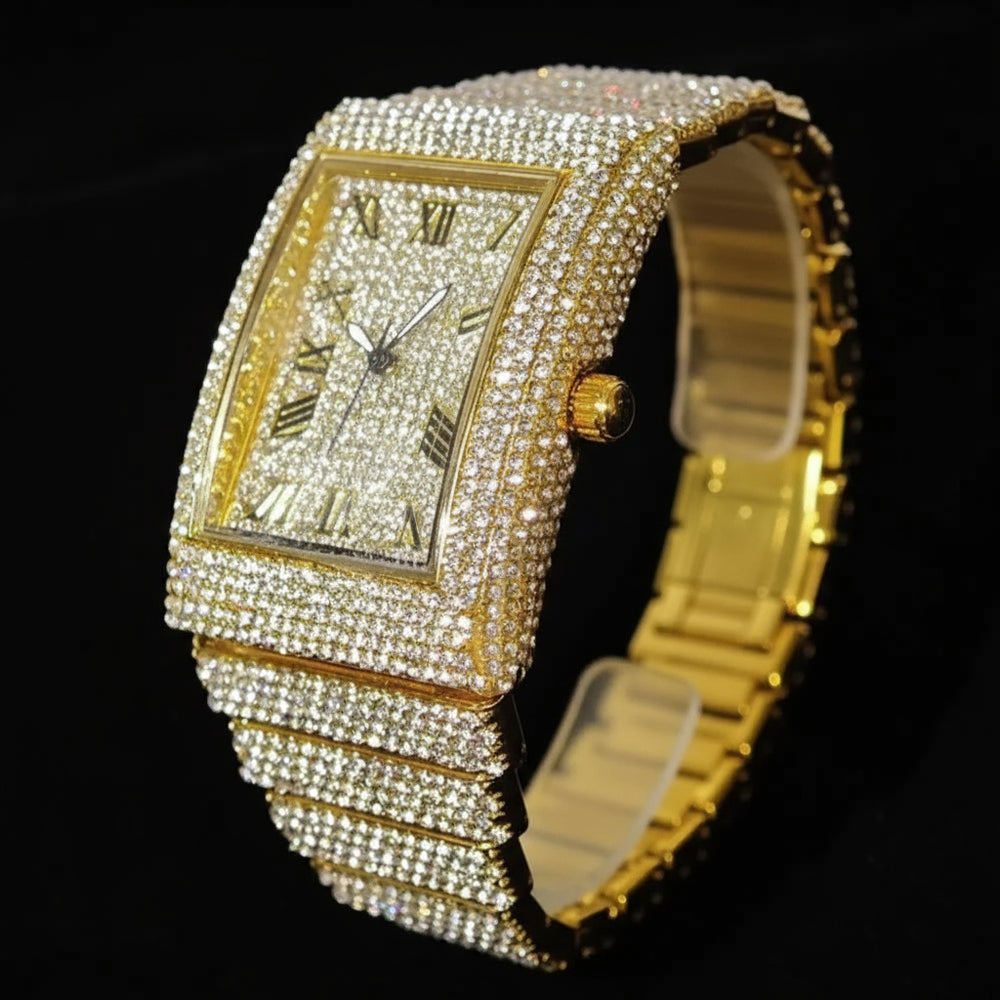 Luxury gold ice men's watch by MC THE BLACK DIAMOND featuring diamond accents, rectangular quartz design, fashion hip hop style.
