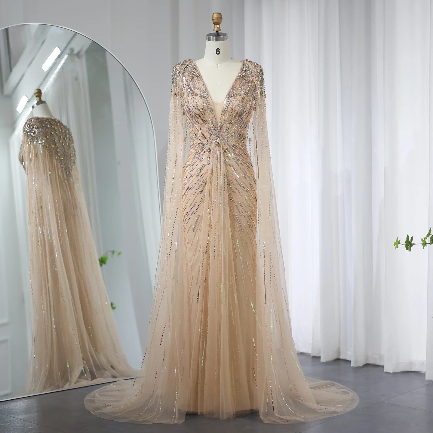 Luxury Dubai Sage Green Evening Dresses with Cape Fuchsia Crystal Gold Women Wedding Party Gowns SS399 Customized