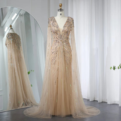 Luxury Dubai Sage Green Evening Dresses with Cape Fuchsia Crystal Gold Women Wedding Party Gowns SS399 Customized