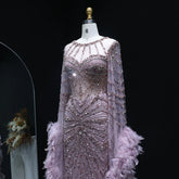 MC THE BLACK DIAMOND caramel beaded mermaid evening dress with feather cape sleeves, perfect for formal weddings and parties.