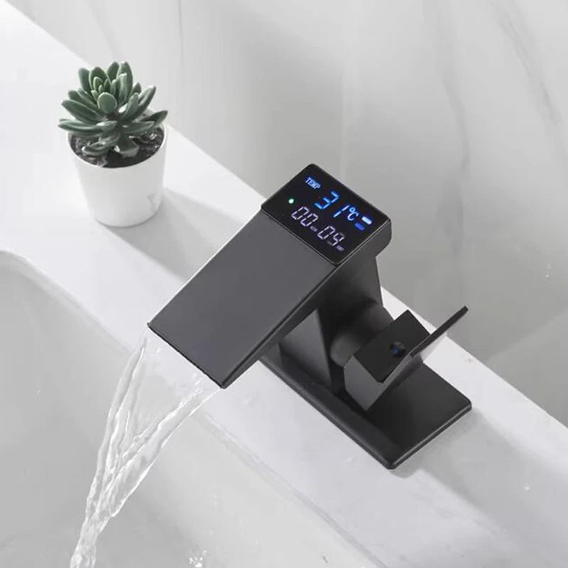 Smart digital display basin sink faucet with LED temperature indicator, waterfall spout, hot and cold water controls, bathroom deck mixer