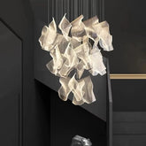 Modern MC THE BLACK DIAMOND LED chandelier hanging fixture in living and dining room, stylish home decor stair pendant lamp.