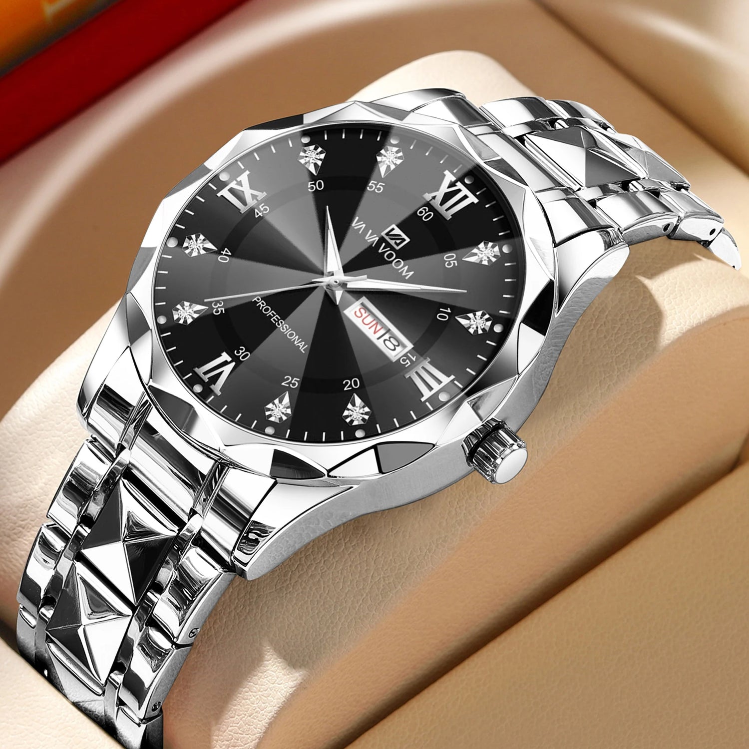 Men Watch Water Diamond Luxury Night Glow Double Calendar Quartz Movement 41mm Blue Gold Stainless Steel Fashion Business Watch - https://mohammadcollection.com