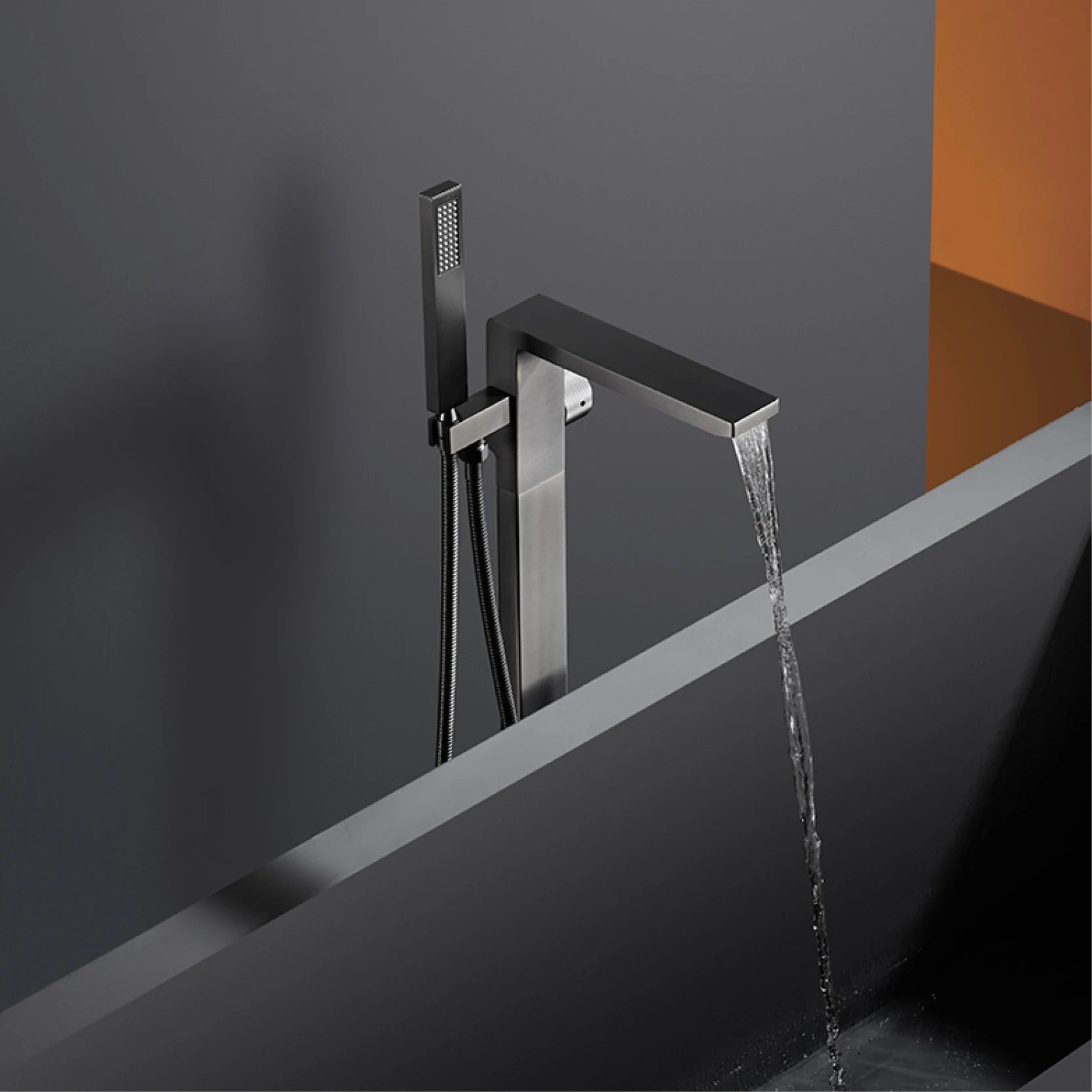 Luxury black brass floor-standing bathroom faucet with single handle for hot and cold water, embedded design, suitable for bathtubs.