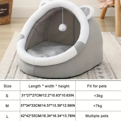 1 Comfortable Cartoon Cat House with Removable Pad, Modern Style Pet Bed Cave, Indoor Plush House Bed with Pompom - https://mohammadcollection.com