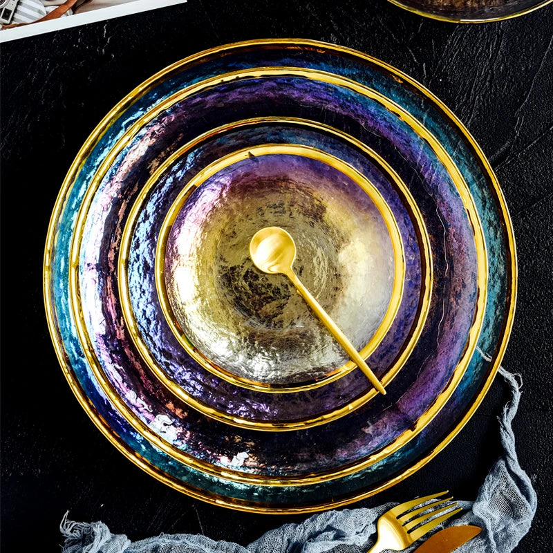 Rainbow glass dinner plates and salad bowls with gilt rim, clear glass serving tray, from 𝕄𝕔 𝕋𝕙𝕖 𝔹𝕝𝕒𝕔𝕜 𝔻𝕚𝕒
