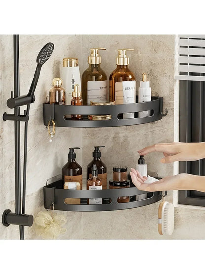 MC The Black Diamonds no-drill shower caddy and bathroom organizer with multiple shelves for toiletries and bath essentials.