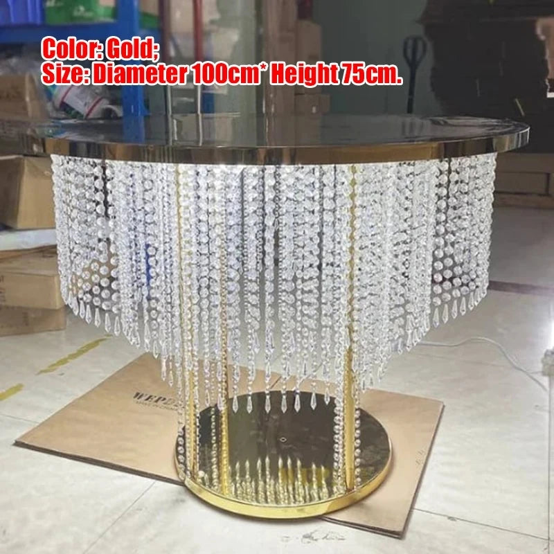 Crystal bead curtain cake table decoration with lighting, metal frame, and elegant crystal accents for wedding home decor.