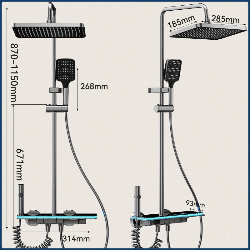 Grey four-mode digital bathroom shower system from 𝕄𝕔 𝕋𝕙𝕖 𝔹𝕝𝕒𝕔𝕜 𝔻𝕚𝕒𝕞𝕠𝕟