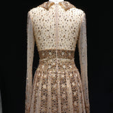 Elegant MC THE BLACK DIAMOND MC long sleeve evening gown with V neck, beaded embellishments, A-line silhouette, perfect for prom or formal events.
