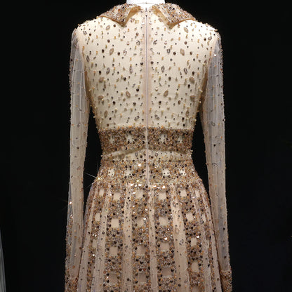 Elegant MC THE BLACK DIAMOND MC long sleeve evening gown with V neck, beaded embellishments, A-line silhouette, perfect for prom or formal events.