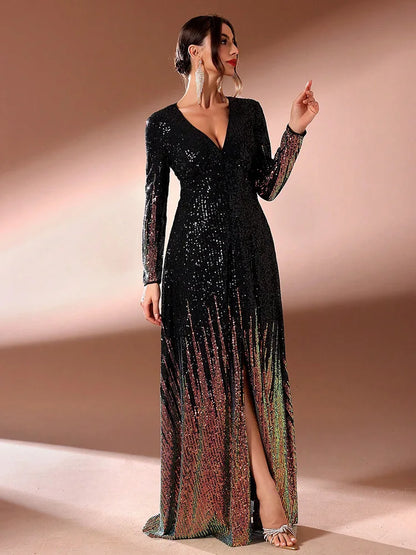 MC Women split hem evening gown by MC THE BLACK DIAMOND featuring long sleeves and a random cut design for elegant style.