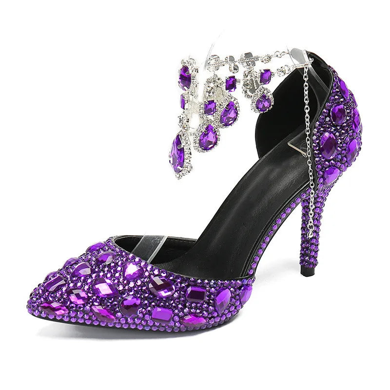 Elegant black high heels with crystal pendant embellishments, designed for prom, wedding, and formal occasions by MC THE BLACK DIAMOND.