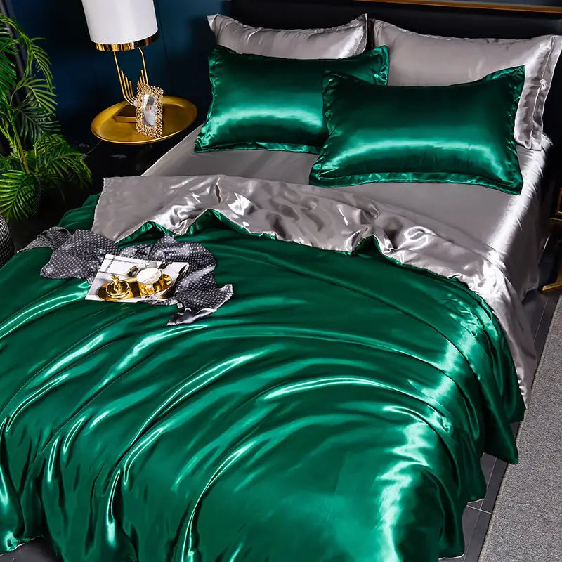 Luxurious MC THE BLACK DIAMOND Nordic satin silk bedding set with duvet cover, bed sheet, and pillowcases in elegant solid design.