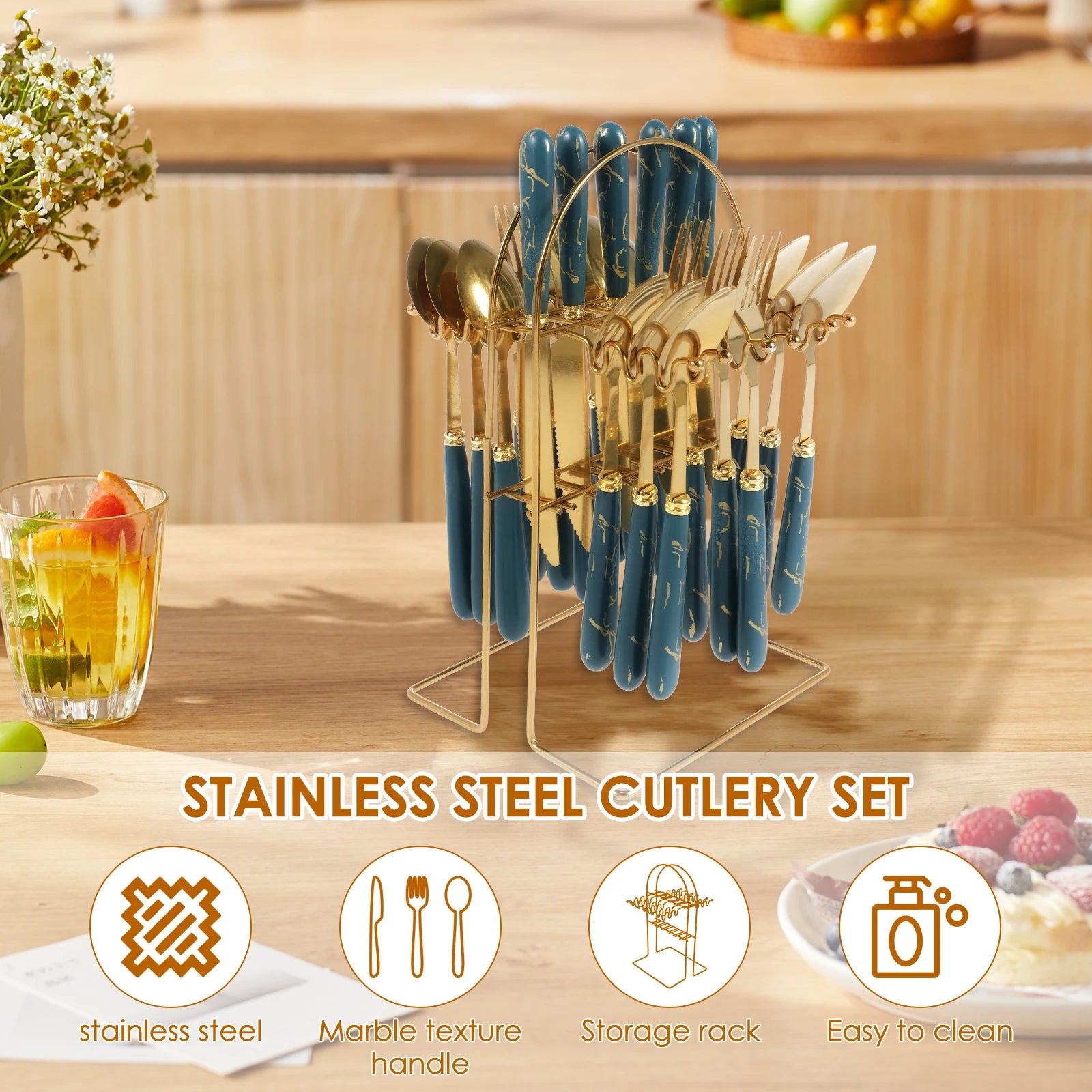 Set of stainless steel flatware with holder, including forks, knives, and spoons from MC THE BLACK DIAMOND tableware set.