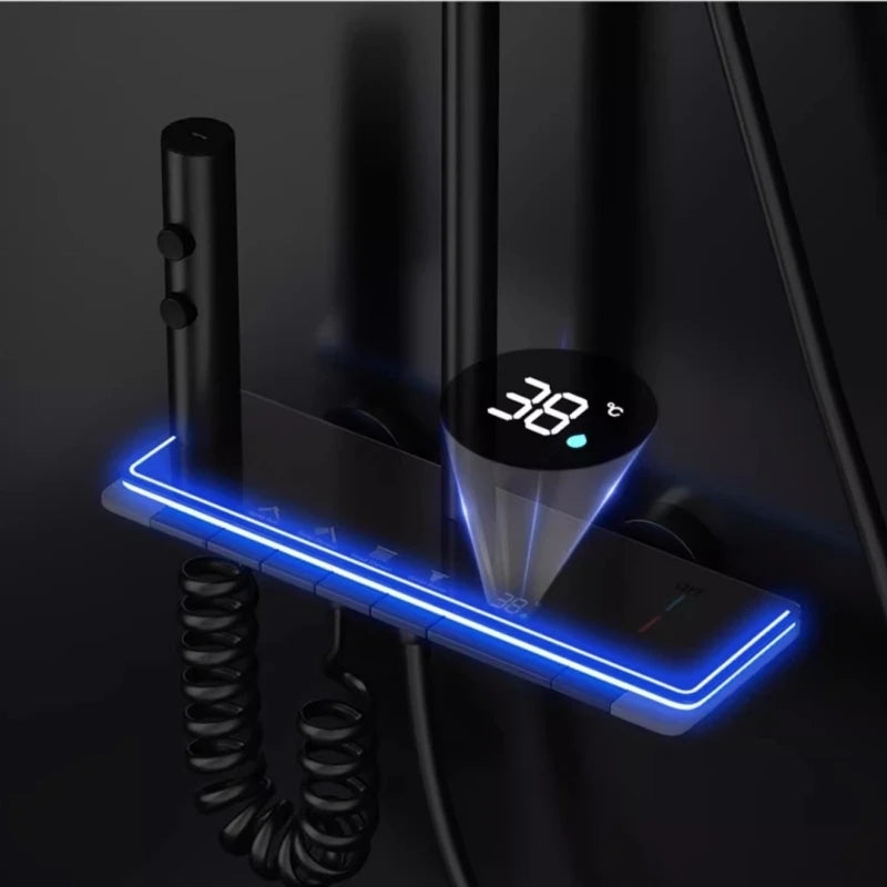 MC THE BLACK DIAMOND four-function digital display shower set with rainfall and pressurized wall-mounted shower faucet system.