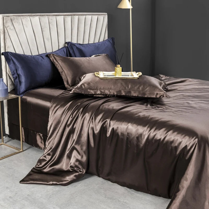 Solid silk bedding set with duvet cover, bedsheet, and pillowcases from 𝕄𝕔 𝕋𝕙𝕖 𝔹𝕝𝕒𝕔𝕜 𝔻𝕚𝕒�