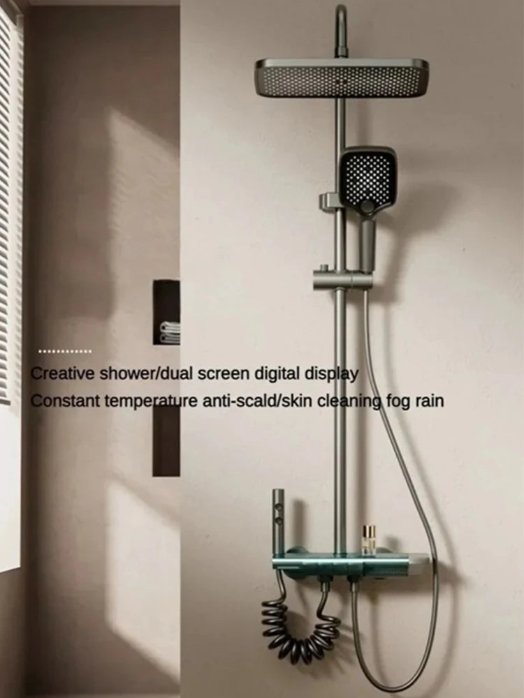 Grey four-function smart digital display shower system with rainfall and pressurized wall-mounted faucet set by MC THE BLACK DIAMOND.