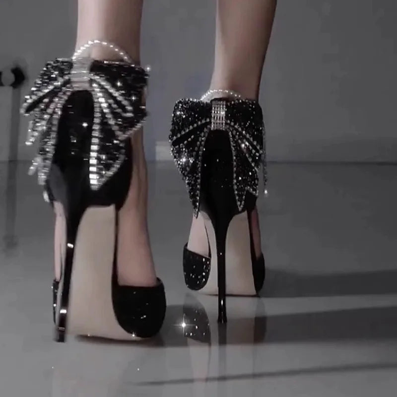 Elegant women's French pointed high heels with sequin bows, pearl accents, and shallow mouth, from 𝕸𝖔𝖍𝖆𝖒𝖒𝖆𝖉 ♛ 𝕮𝖔𝖑𝖑�