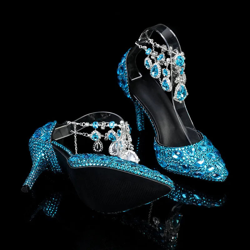 MC THE BLACK DIAMOND crystal pendant high heels for prom and wedding, elegant banquet shoes with sparkling details