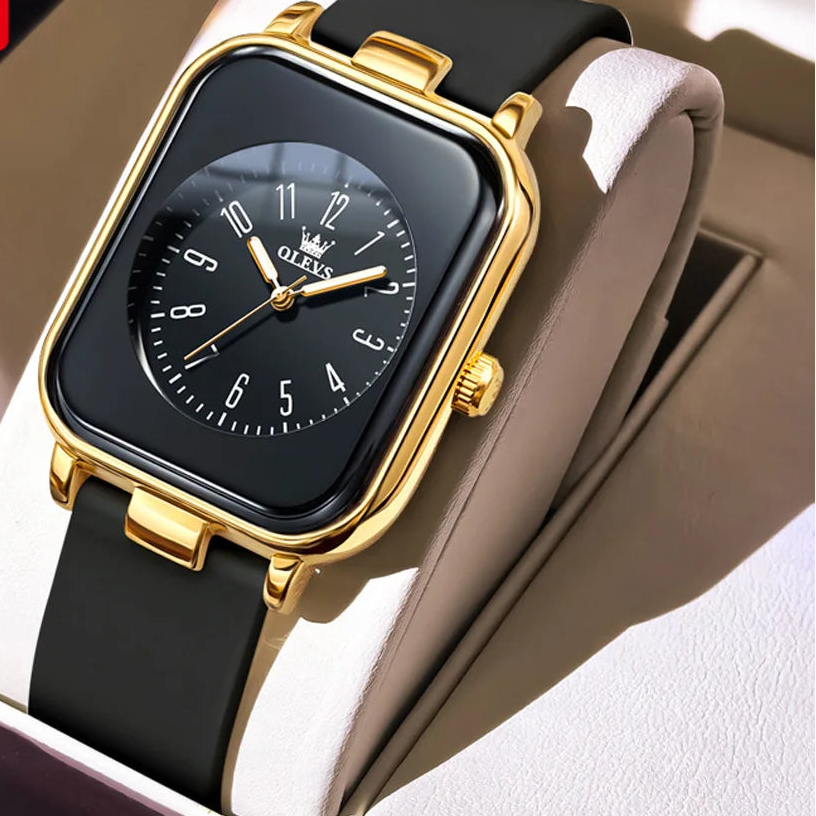 Oleves square women's quartz watch with simple black silicone strap and minimalist design, featuring a sleek trendy style.