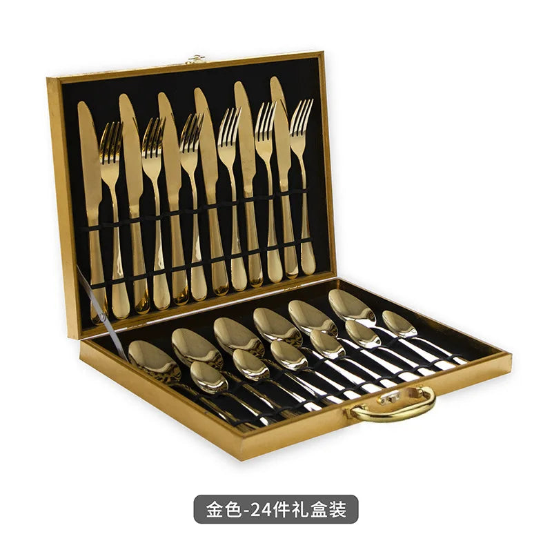 Stainless steel cutlery set with 24 pieces including knives, forks, and spoons from 𝕄𝕔 𝕋𝕙𝕖 𝔹𝕝𝕒𝕔𝕜 𝔻𝕚�