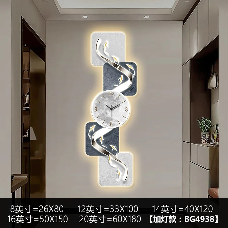 Modern wall clock featuring nine fish design, LED luminescent mural, and mute movement, ideal for living room or corridor decor.