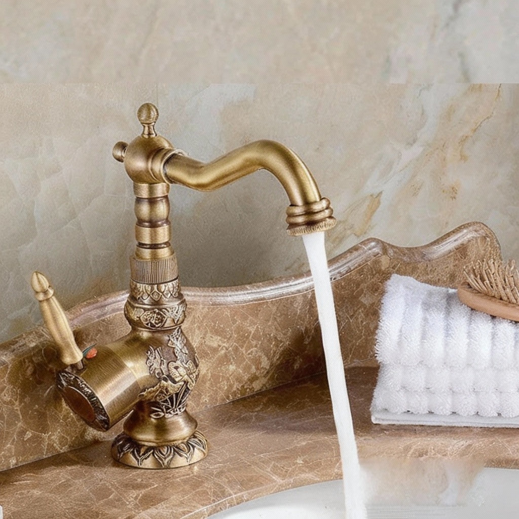 Luxury Antique Bronze Copper Carving Deck Mounted Kitchen Faucet Bathroom Basin Faucet Sink Faucet Mixer Hot and Cold Water Tap - https://mohammadcollection.com