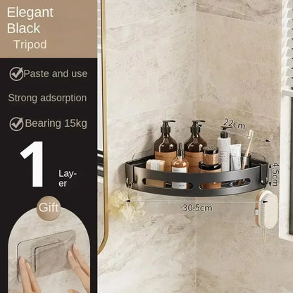MC Diamond No-Drill Shower Caddy bathroom organizer with multiple shelves and hooks for toiletries, mounted without drills.