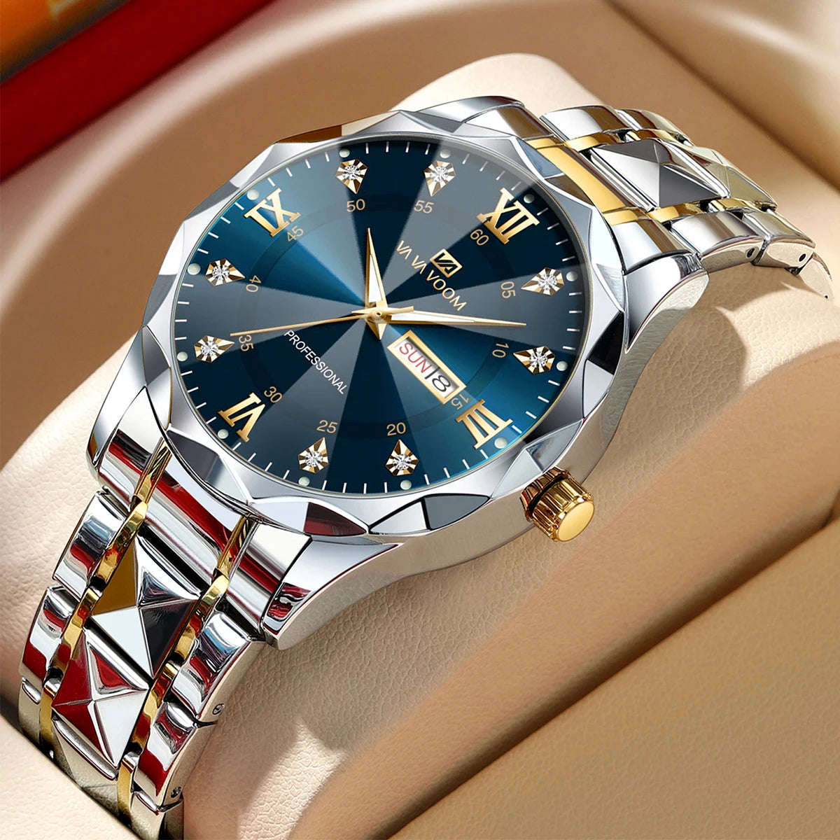 Men Watch Water Diamond Luxury Night Glow Double Calendar Quartz Movement 41mm Blue Gold Stainless Steel Fashion Business Watch - https://mohammadcollection.com