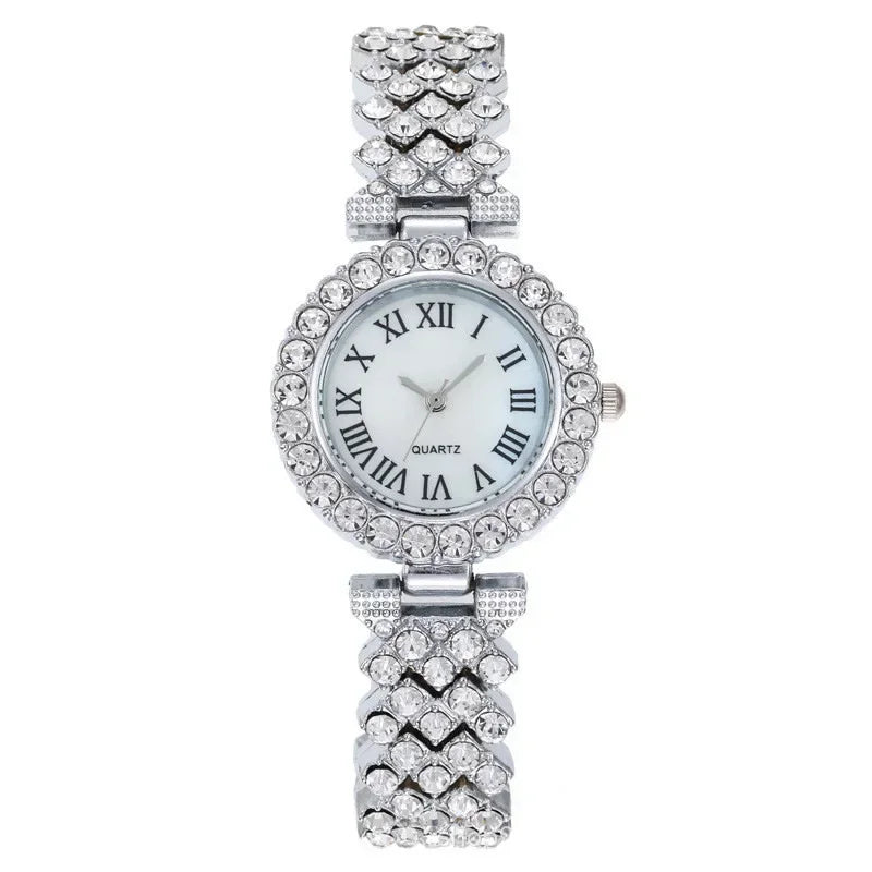 Casual ladies quartz wrist watch bracelet set with six jewelry pieces, featuring elegant design and mixed metal finishes.