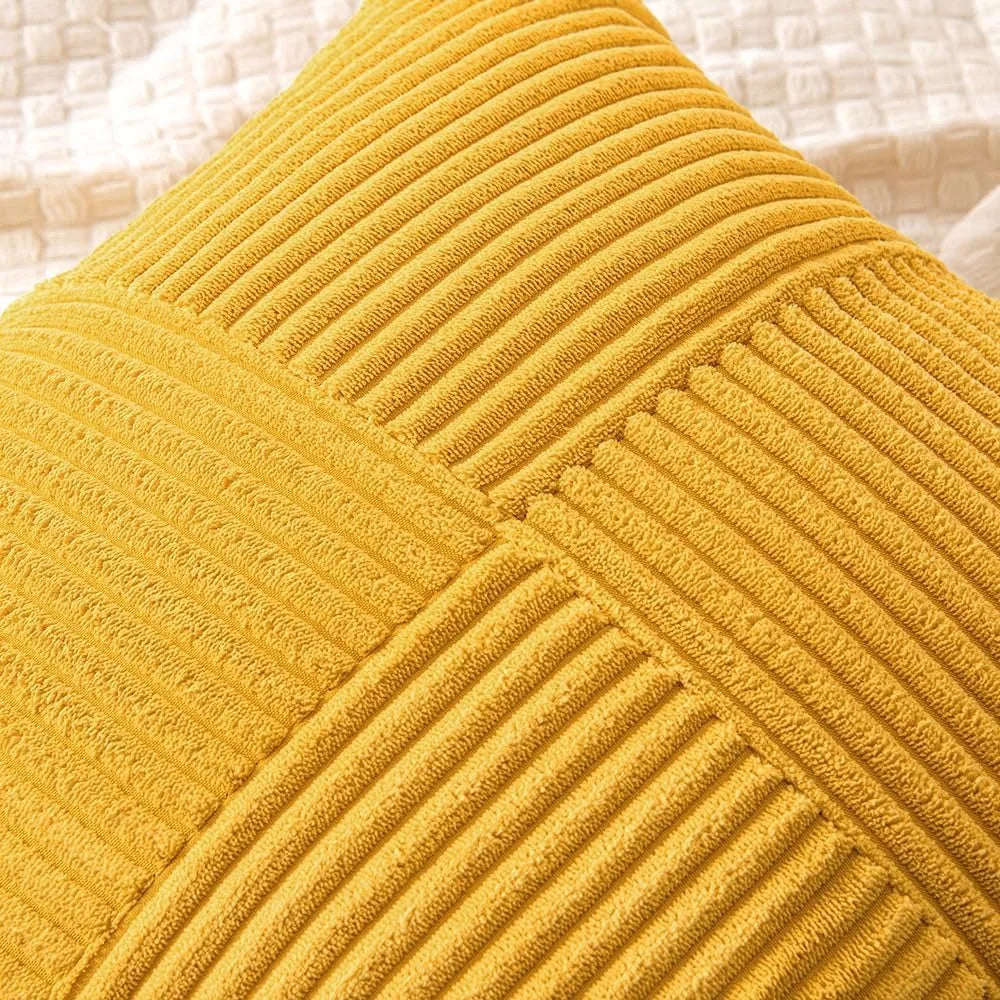 Mustard yellow corduroy pillow cover with boho spliced cross patchwork design, soft textured cushion case from MC THE BLACK DIAMOND.