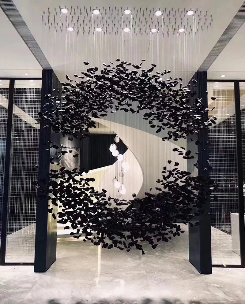 Black Art Luxury Stone Crystal chandelier by MC THE BLACK DIAMOND, modern LED hanging lamp with crystal details for staircase or hallway.