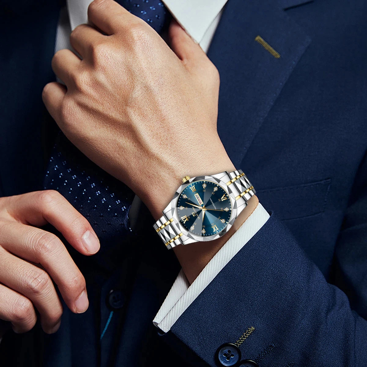 Men Watch Water Diamond Luxury Night Glow Double Calendar Quartz Movement 41mm Blue Gold Stainless Steel Fashion Business Watch - https://mohammadcollection.com