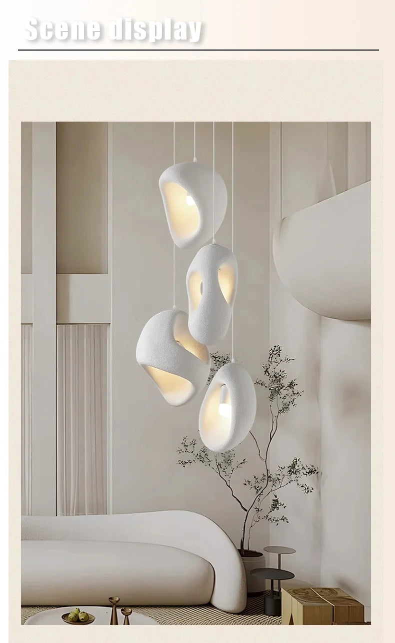 Nordic Villa Stairs Wabi Sabi E27 LED pendant lights by MC THE BLACK DIAMOND hanging on a staircase with a minimalist design.