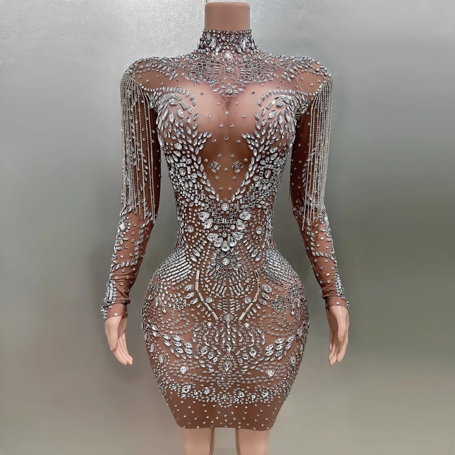 MC THE BLACK DIAMOND sheath mini dress with flashing rhinestones and tassels, perfect for nightclub performances and stage shows.