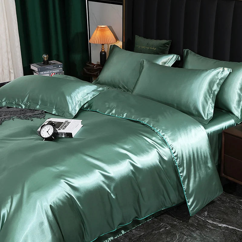 Luxury silk bedding set with duvet cover, fitted sheet, flat sheet, and pillowcases in solid color, by 𝕄𝕔 𝕋𝕙𝕖 𝔹𝕝𝕒𝕔𝕜 𝔻�