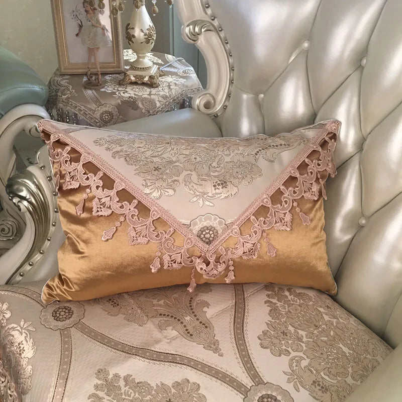 European luxury Jacquard tassel lace sofa pillow cover with rectangular shape and large backrest cushion, in elegant home decor style.