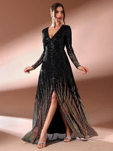 MC Women split hem evening gown with long sleeves, featuring a random cut design, from MC THE BLACK DIAMOND.